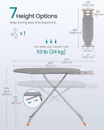 SONGMICS Ironing Board, Retractable Iron Rest, Foldable Iron Board, 43 x 13 Inches, Space-Saving, Height Adjustable, Padded with Cover, Hook, Dove Gray ULLB003GD02S