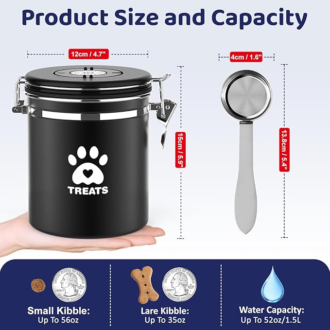 Dog Treat Container Airtight,5.9"x4.7" Stainless Steel Cat Treat Jar for Kitchen Counter with Scoop, Pet Storage for Fresh Dog Cookie