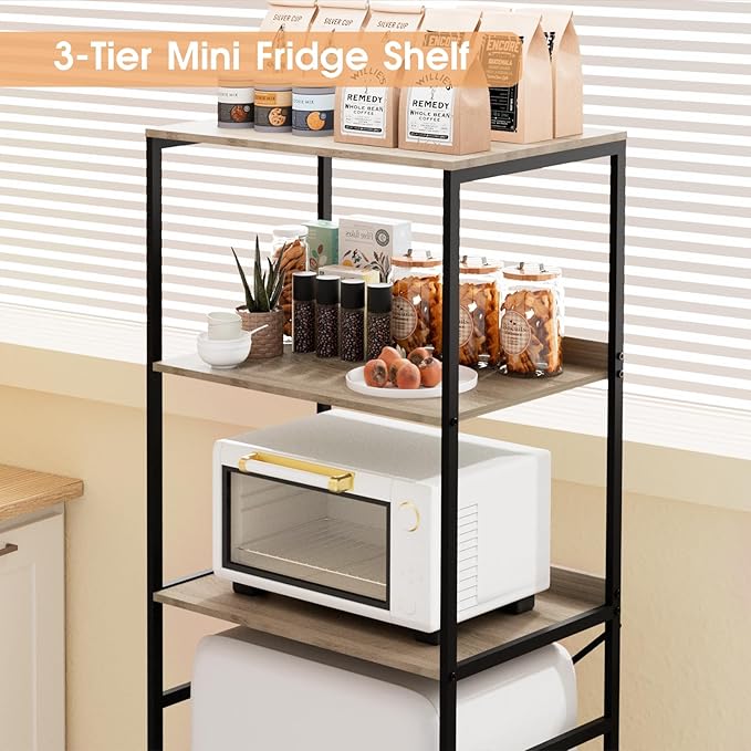 Mini Fridge Shelf Mini Fridge and Microwave Stand Over Mini Fridge Storage Rack 3 Tier Microwave and Fridge Stand Suitable for Dorm, Kitchens, Offices, Gray