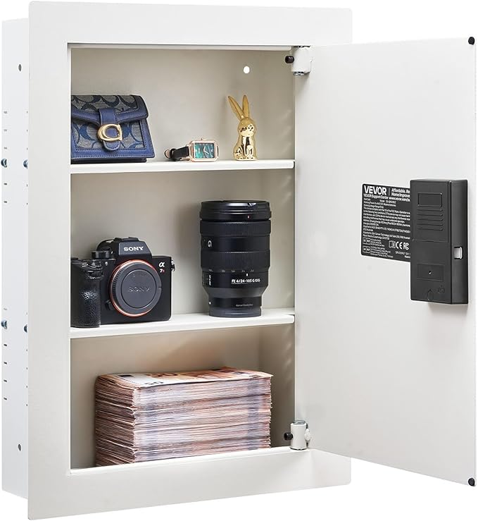 VEVOR 22" High Wall Safe, 3-Tier Hidden Wall Safe with Password, Key & Turning Knob, Q235 Cold-Rolled Steel In-Wall Box with Adjustable Shelves & Mounting Holes for Money, Jewelry, Passport, White