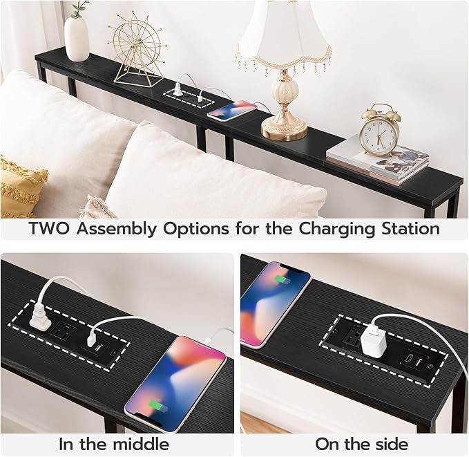 HOOBRO 70.9" Narrow Console Table with Charging Station, 5.9" Sofa Table with 2 Power Outlets and USB Ports, Long Entryway Tables Behind Couch Table, for Hallway, Livingroom, Black BB185UXG01G1