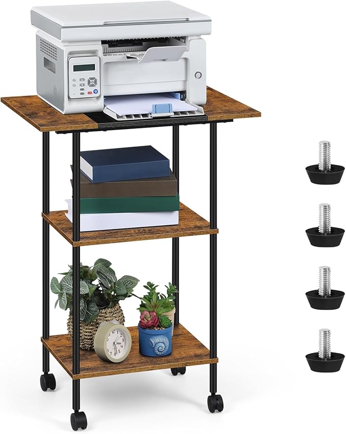 Shinoske Printer Stand with Storage,3 Tier Large Printer Table with Wheels for Home Office,Rolling Cart with Storage Shelf,for 3D Printer,Scanner Fax,Shredder,Rustic Brown