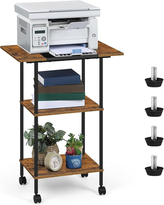 Shinoske Printer Stand with Storage,3 Tier Large Printer Table with Wheels for Home Office,Rolling Cart with Storage Shelf,for 3D Printer,Scanner Fax,Shredder,Rustic Brown