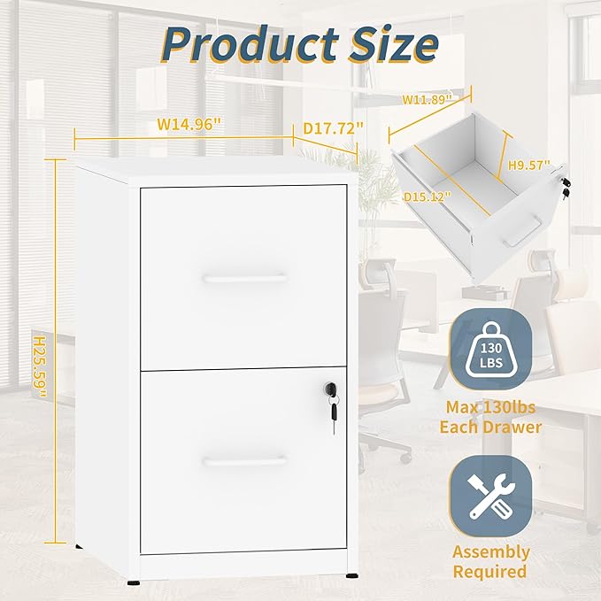 2 Drawer File Cabinet with Lock, Vertical Filing Cabinets for Home Office, Metal Storage Cabinet, Heavy Duty File Cabinet for Under Desk, Amsseble Required, White