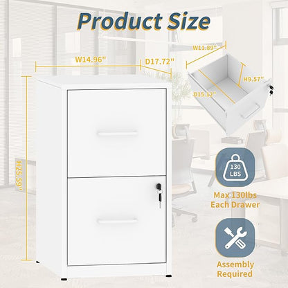 2 Drawer File Cabinet with Lock, Vertical Filing Cabinets for Home Office, Metal Storage Cabinet, Heavy Duty File Cabinet for Under Desk, Amsseble Required, White