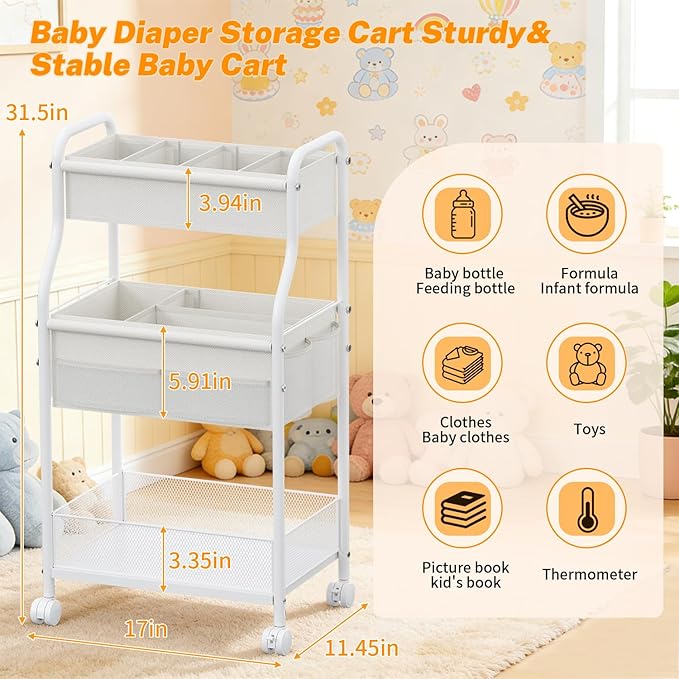 Diaper Caddy Organizer 3-Tier Rolling Cart, Metal Utility Cart with 4+2 Dividers & Lockable Silent Casters, Mobile Storage Cart for Nursery Essentials, Multi-Purpose for Kidsroom Changing Table
