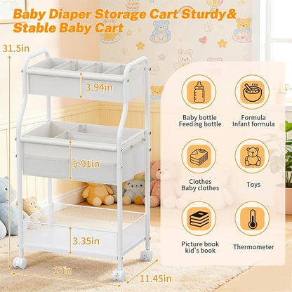 Diaper Caddy Organizer 3-Tier Rolling Cart, Metal Utility Cart with 4+2 Dividers & Lockable Silent Casters, Mobile Storage Cart for Nursery Essentials, Multi-Purpose for Kidsroom Changing Table