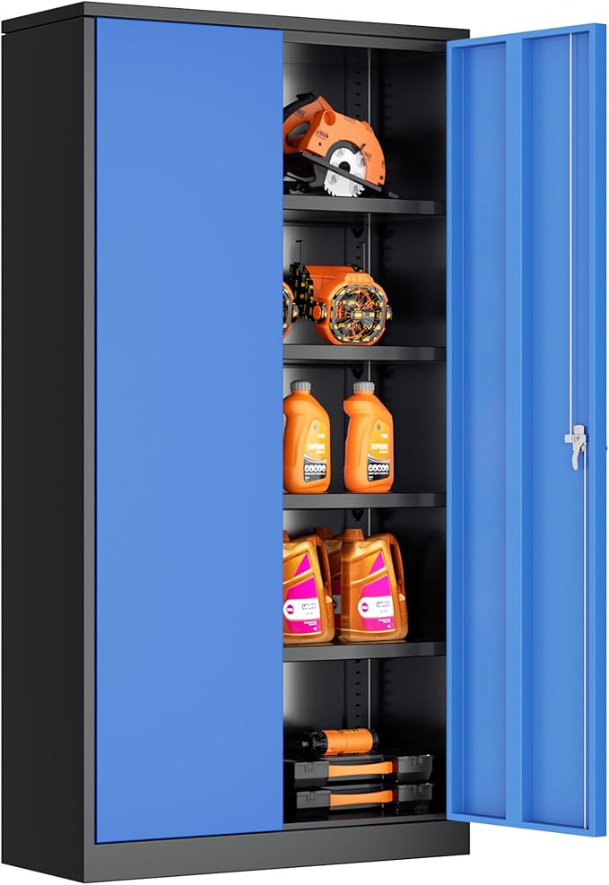 Bonusall Mental Garage Cabinets with 2 Doors and 4 Shelves, Locking Cabinet with for Storage，Steel Garage Storage Cabinets for Home Office, Warehouse，School(Black Blue)