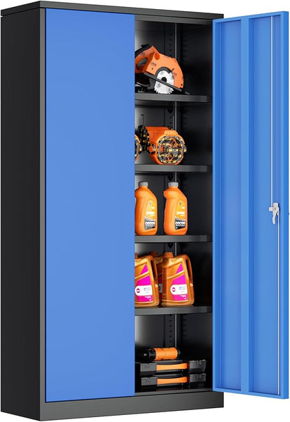 Bonusall Mental Garage Cabinets with 2 Doors and 4 Shelves, Locking Cabinet with for Storage，Steel Garage Storage Cabinets for Home Office, Warehouse，School(Black Blue)
