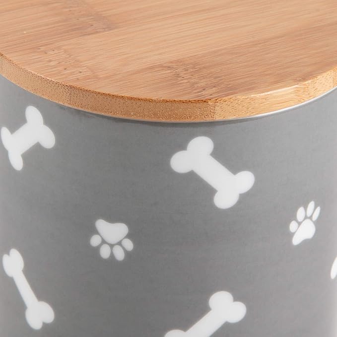 Bone Dry Ceramic Canister with Bamboo Lid, Paw & Bone Collection, Treat Jar, 4x6.5", Gray