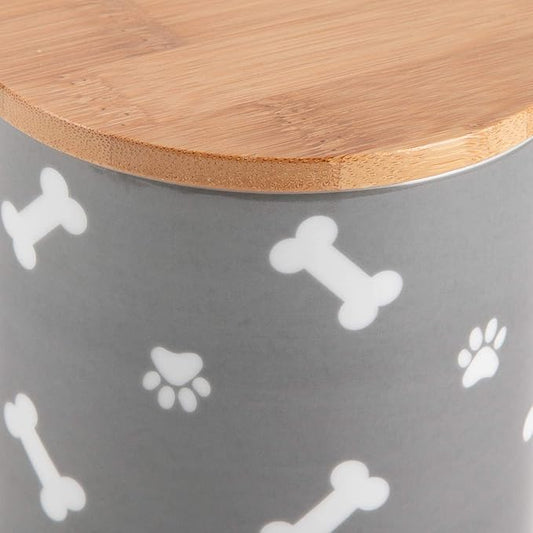 Bone Dry Ceramic Canister with Bamboo Lid, Paw & Bone Collection, Treat Jar, 4x6.5", Gray