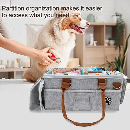 Felt Dog Grooming Bag,Portable Tote Bag for Dogs Cats,Dog Storage Organizer for Grooming Tool Kit,3 Compartments Pet Stuff Oganizers with 8 Pockets-Grey