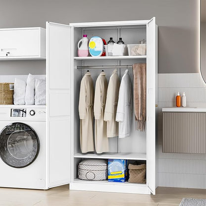 MIIIKO Wardrobe Closet with 2 Doors, 72" Metal Clothing Storage Cabinets with Hanging Rod, Bedroom Armoires Laundry Room and Office Clothes Storage Organizer Cabinets