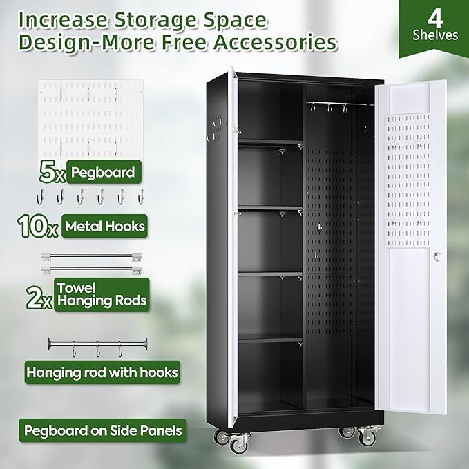 Broom Closet Storage Cabinet with Wheels, 5 Pegboard and 13 Hooks, Metal Garage Storage Cabinet with Doors and 4 Adjustable Shelves for Garage Bathroom, Assembly Required, Black and White