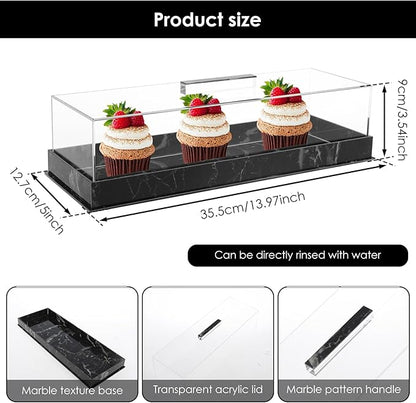Rectangular Cake Tray with Lid, 14"x5" Acrylic Clear Cake Stand Platter, Marbleized Bakery Display Case Reusable Dessert Display Case Cake Tray for Countertop Cakes