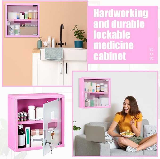 Timgle First Aid Wall Cabinet with Lock Medicine Wall Mounted Bathroom Storage Hanging Medical Cabinet with Safety Glass Door for Bathroom (2 Shelves,Pink)