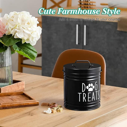 Large Dog Treat Container Airtight - 6.6" Tall X 6" Round Black Dog Treat Jar for Kitchen Counter - Rustic Treat Storage Canister for Dogs, Cats, Small Animals