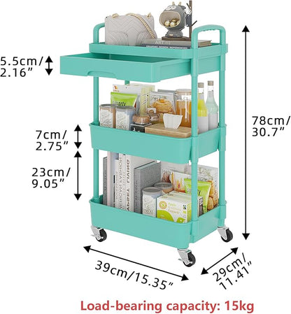 Calmootey 3-Tier Rolling Utility Cart with Drawer,Multifunctional Storage Organizer with Plastic Shelf & Metal Wheel,Storage Cart for Kitchen,Bathroom,Living Room,Office,Green