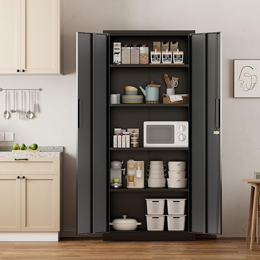 Greenvelly Metal Cabinet, 63”Tall Kitchen Pantry Storage Cabinets with 2 Lock Doors and 4 Adjustable Shelves,Black Kitchen Cabinet Storage for Dinning Room,Garage,Office