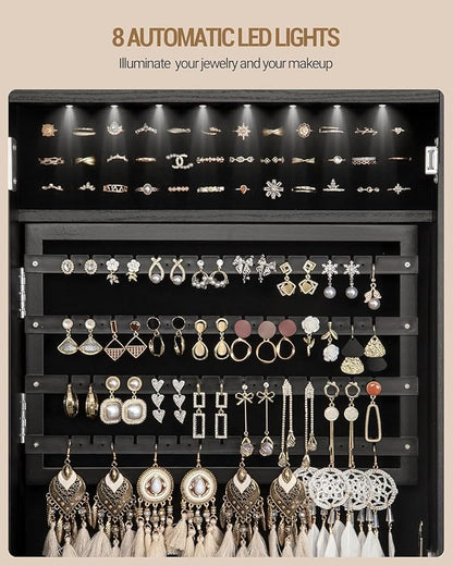 8 LEDs Jewelry Cabinet Armoire, 66.9-inch Jewelry Organizer with Garment Rack, Lockable Full-length Mirror with 4 Wheels, Storage Shelves with Hooks, 5-in-1, Black JC17004B