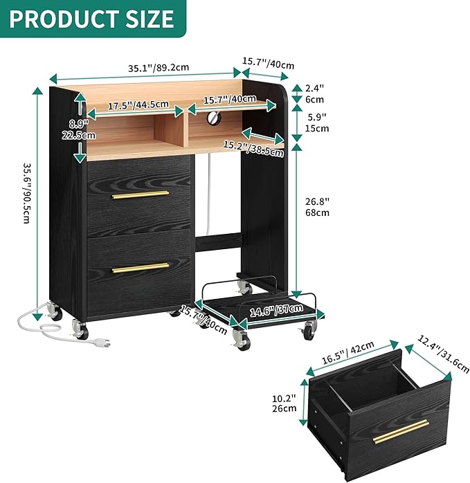 YITAHOME File Cabinet with Charging Station, Printer Table Cabinet for Home Office, Printer Stand Cart, Fits A4, Letter, Legal Size Files, Office Furniture, Black
