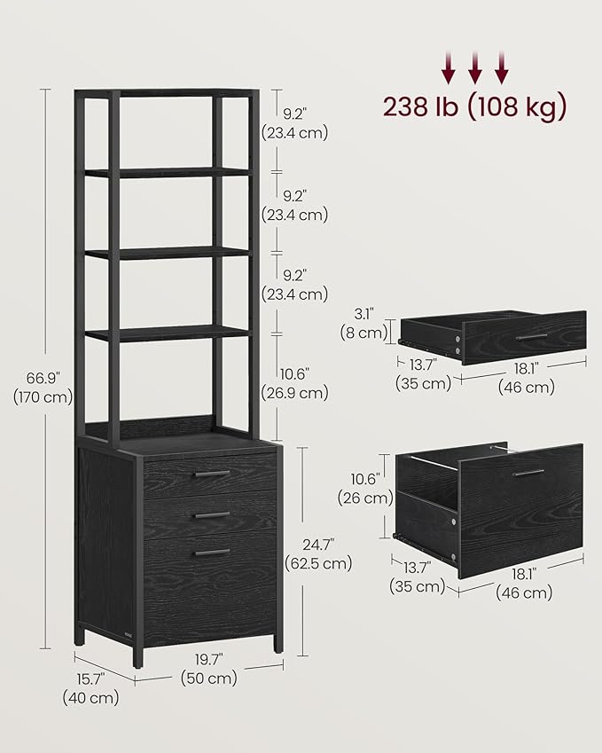 VASAGLE File Cabinet, Home Office Filing Cabinet with Height-Adjustable Open Shelves, 3 Drawers, for A4, Letter-Size Hanging File Folders, Steel Frame, for Home Office, Ebony Black UOFC078B16