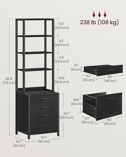 VASAGLE File Cabinet, Home Office Filing Cabinet with Height-Adjustable Open Shelves, 3 Drawers, for A4, Letter-Size Hanging File Folders, Steel Frame, for Home Office, Ebony Black UOFC078B16