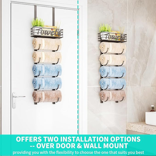 HapiRm Towel Racks for Bathroom Storage - 6 Tier Over The Door & Wall Mount Rolled Towel Storage Organizer Holder with Metal Shelf Basket for Small Bathroom, Camper, Rv - Patented