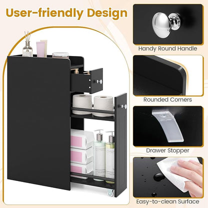 Tangkula Slim Bathroom Storage Cabinet, 4-Tier Narrow Small Side Storage Cabinet Next to Toilet, Slide Out Drawers on Casters, Bathroom Floor Organizer Toilet Paper Holder for Small Spaces (Black)