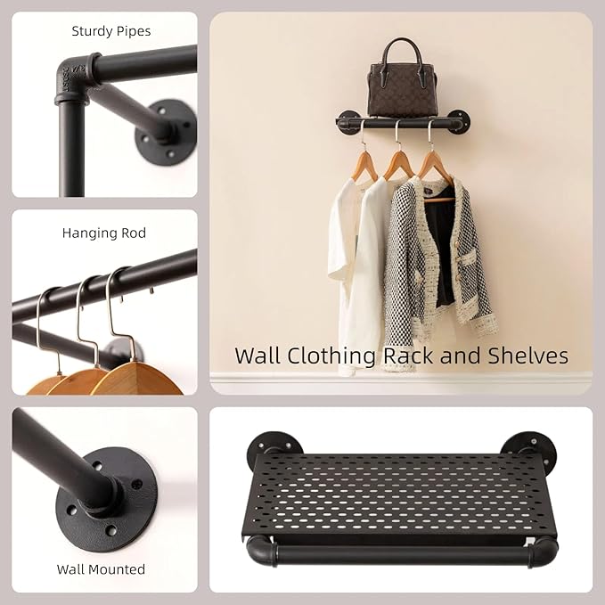 Industrial Pipe Clothing Rack with 2 Floating Shelves, 4 Hanging Rods Wall Mounted Garment Rack, Heavy Duty Iron Clothes Bar, Space-Saving Clothing Hanging Rails for Closet (4 hanging rods 2 shelves)