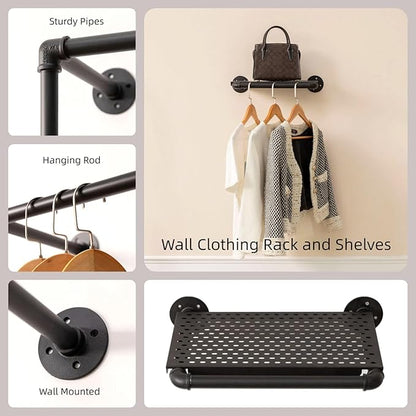 Industrial Pipe Clothing Rack with 2 Floating Shelves, 3 Hanging Rods Wall Mounted Garment Rack, Heavy Duty Iron Clothes Bar, Space-Saving Clothing Hanging Rails for Closet (3 hanging rods 2 shelves)