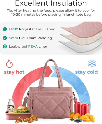 BAGSMART Lunch Bag Women Large Lunch Box Insulated Tote Bag with Multi-Pockets Quilted Puffy Tote for Work, Outdoors