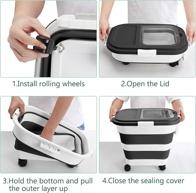 ShineMe Dog Food Storage Container, 30 Lbs Collapsible Food Storage Containers with Rolling Wheel Airtight Locking Lid, Cat Foods Bin with Cup and Scoop, Suitable for Pet Snack, Rice, Flour (Black)