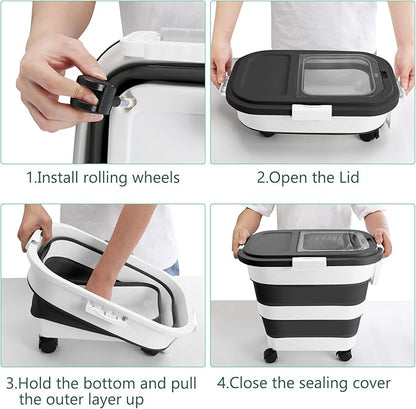 ShineMe Dog Food Storage Container, 30 Lbs Collapsible Food Storage Containers with Rolling Wheel Airtight Locking Lid, Cat Foods Bin with Cup and Scoop, Suitable for Pet Snack, Rice, Flour (Black)