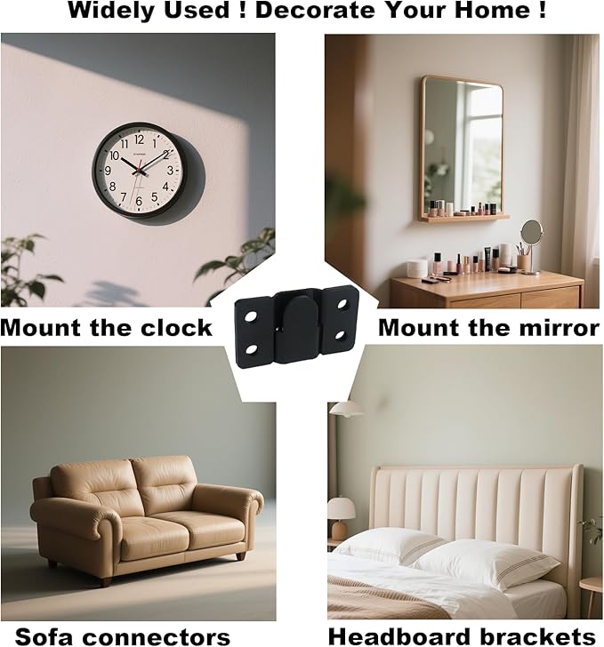 4 Pairs Stainless Steel Flush Mount Bracket Interlocking Headboard Hardware for Picture Hangers,Interlocking Heavy Duty Photo Frame Hook,Interlock Bracket Furniture Connector (Black)