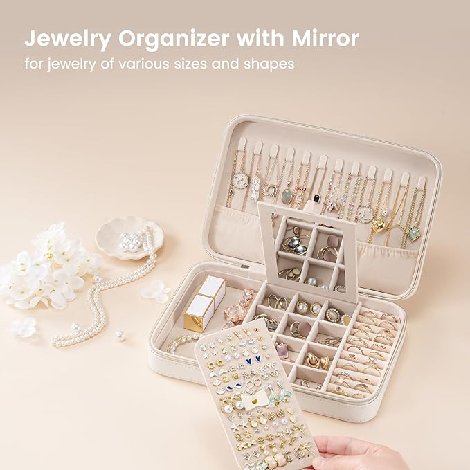 Lolalet Travel Jewelry Case for Women Girls, Travel Jewelry Organizer Box with Mirror & Clear Storage Bag, Small Portable Earring Necklace Bracelet Ring Case, Birthday Valentine Gifts -Large, White