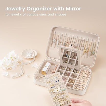 Lolalet Travel Jewelry Case for Women Girls, Travel Jewelry Organizer Box with Mirror & Clear Storage Bag, Small Portable Earring Necklace Bracelet Ring Case, Birthday Valentine Gifts -Large, White