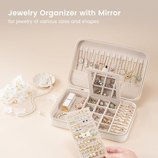 Lolalet Travel Jewelry Case for Women Girls, Travel Jewelry Organizer Box with Mirror & Clear Storage Bag, Small Portable Earring Necklace Bracelet Ring Case, Birthday Valentine Gifts -Large, White