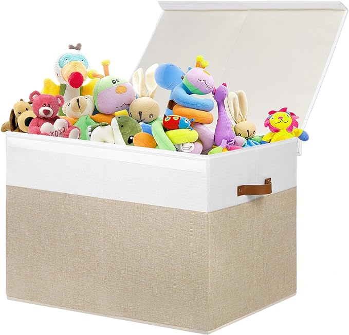 Large Toy Storage Box with Lid, Sturdy Toys Storage Chest Bin Organizer Basket with Dividers for Kids, Boys, Girls, Nursery, Closet, Bedroom, Playroom 26"x17" x17" (Beige and White)
