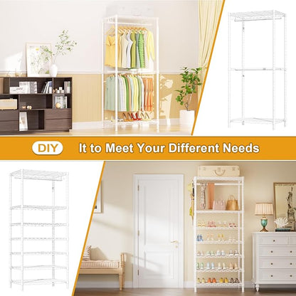 Ulif E13 Heavy Duty Clothes Rack（With 4 Hanger Rods & 8 Shelves） Freestanding Clothing Racks for Hanging Clothes，Adjustable Closet Organizer，Metal Garment Rack 63" W x16 D x77 H，Max Load 900LBS，White