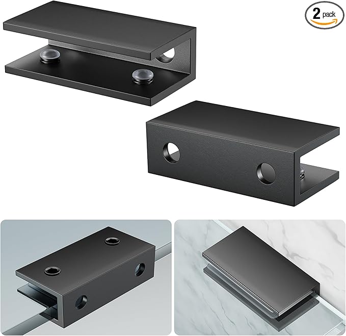 Ranbo 2 Pcs Frameless Glass Clamp Brackets for Shelf and Shower, Heavy Duty Wall Mount Rectangular Holders for 1/4" to 1/2" Panels, Matte Black Finish Hardware