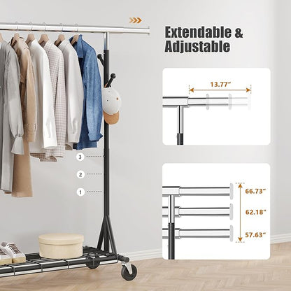 Garment Rack Load 530lbs,Heavy Duty Rolling Clothes Rack With Sturdy Wheel And Shelves, Adjustable Portable Hanging Rack For Clothes, Chrome Stainless Steel, Black