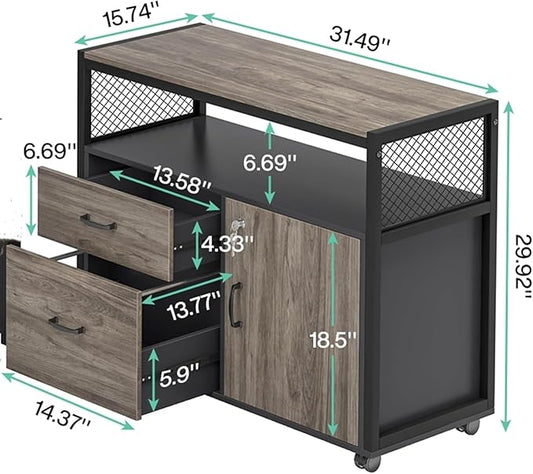Tribesigns Modern File Cabinet with Drawers for Letter-Sized File and Door, Lockable lateral Filing Cabinet Printer Stand with Storage Shelves and with Rolling Caster for Home Office (Dark Walnut)
