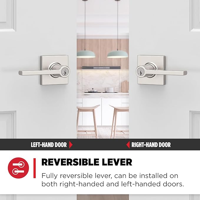 Kwikset Casey Entry Door Handle with Lock and Key, Secure Keyed Reversible Lever Exterior, For Front Entrance and Bedrooms, Satin Nickel , Pick Resistant Smartkey Rekey Security and Microban