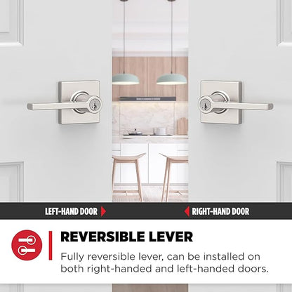 Kwikset Casey Entry Door Handle with Lock and Key, Secure Keyed Reversible Lever Exterior, For Front Entrance and Bedrooms, Satin Nickel , Pick Resistant Smartkey Rekey Security and Microban
