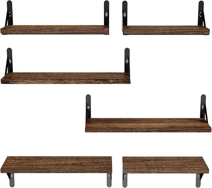 AMADA HOMEFURNISHING Wall Shelves Set of 6, Rustic Farmhouse Floating Shelves for Bedroom, Bathroom & Living Room, Brown