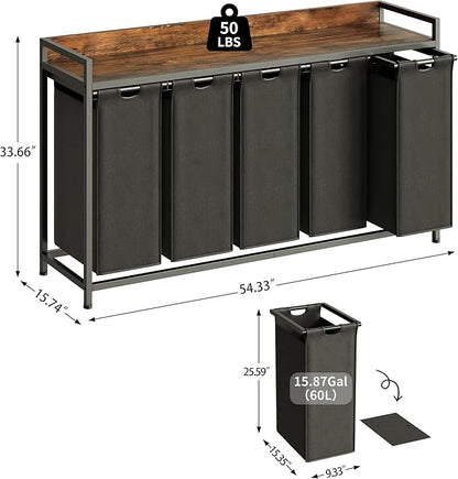 Laundry Hamper with Shelf, Laundry Basket 5 Section, Laundry Sorter with Pull-Out Removable Large Bags and Movable Wheels, Metal Frame, 5 x 15.87 Gallons (60L), Rustic Brown + Black PF08XLY