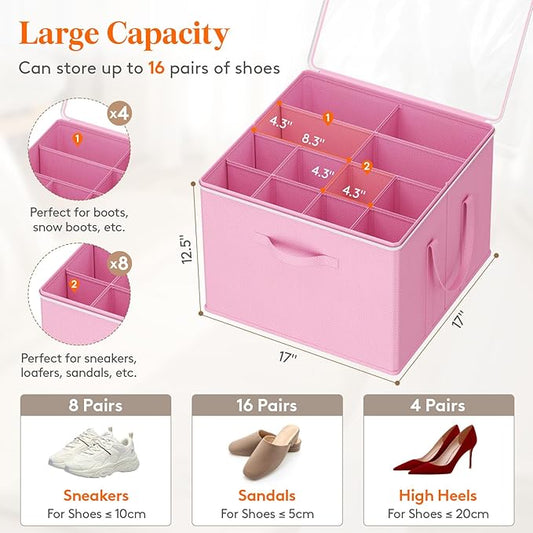 Lifewit Shoe Storage Organizer for Closet, Fabric Large Shoe Box Storage Containers with Clear Cover, Foldable Bins for Boots Heels Sneakers Fits 24-32 Pairs (Each 12-16 Pairs) 2 Pack Pink