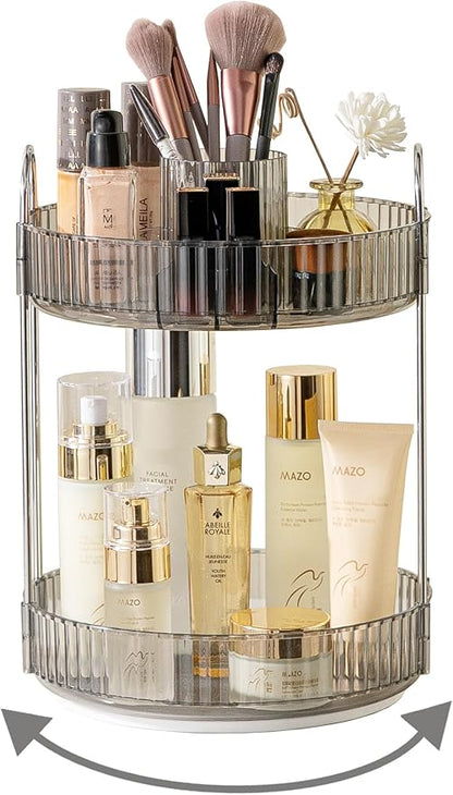 360 Rotating Makeup Organizer,2 Tier Large Capacity Make Up Organizers and Storage,Skincare Perfume Vanity Organizers,Bathroom Cosmetics Storage Organizer Countertop(Grey)