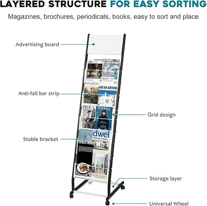 Floor Standing Magazine Holder with 5 Pockets, Journals, Brochure & Literature Display Holder for Trade Shows, Exhibitions, Office, and Shopping Malls, Black